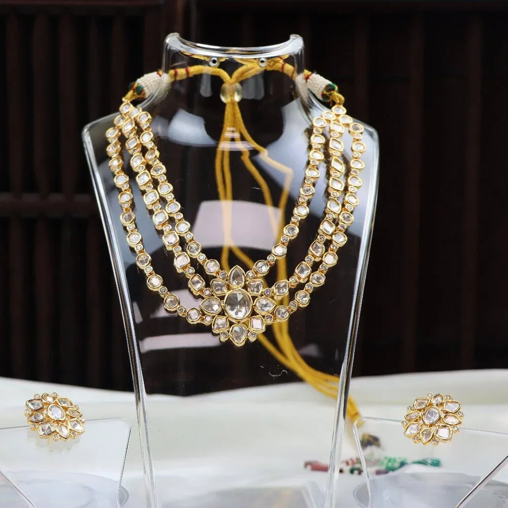 Regal Triple-Layer Kundan Necklace & Earrings Set, JP34